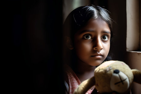 Little girl looking out the window with a teddy bear in her handの素材