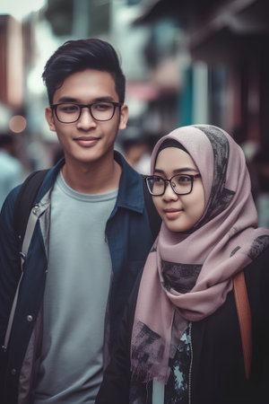 Portrait of a young asian muslim couple walking in the cityの素材