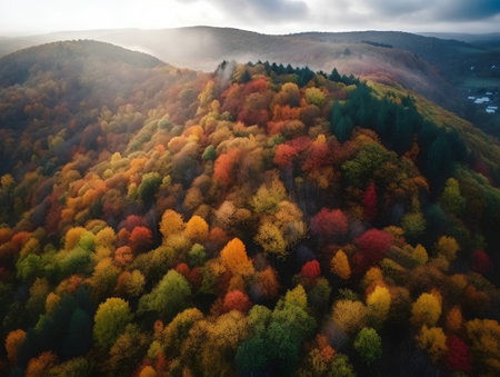 Aerial view of autumn forest in mountains. Colorful trees in autumn forest.の素材