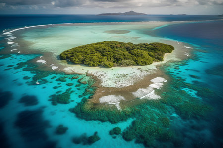 Tropical island with coral reef and turquoise sea, aerial viewの素材