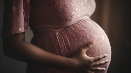 Pregnant woman touching her belly with hands, close-upの素材