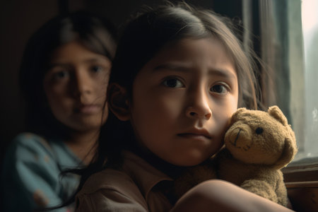 Sad little girl with teddy bear sitting on the windowsill and looking at cameraの素材
