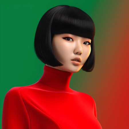 3d illustration of asian woman with red dress on green backgroundの素材