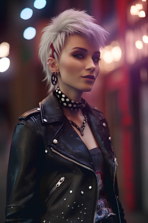 Fashion portrait of a beautiful blonde girl with short hair in a leather jacket.の素材