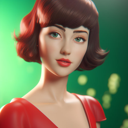Portrait of beautiful young woman with red hair on green background.の素材