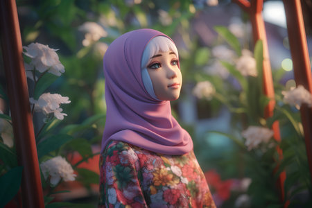 Muslim woman with hijab in the garden. 3d illustration. Selective focus.の素材
