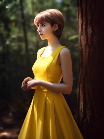 Portrait of a beautiful girl in a yellow dress in the forestの素材