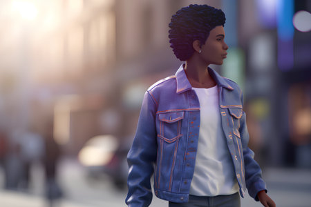 Young African American man walking in the city. 3D rendering.の素材