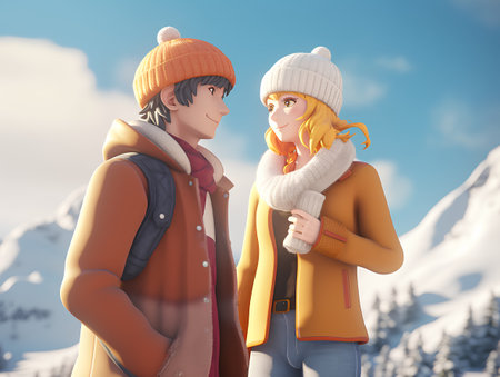 couple in winter clothes on the background of snowy mountains. 3d renderingの素材