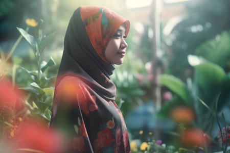 Muslim woman wearing hijab in the garden. Closeup portrait of beautiful asian muslim woman.の素材