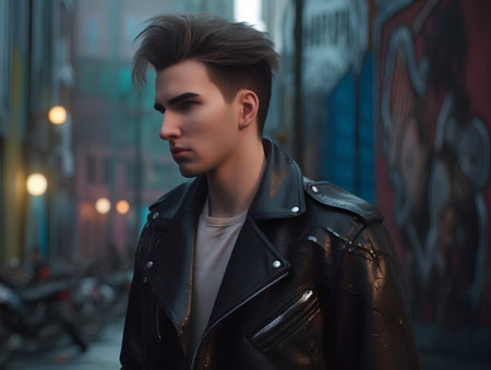 Portrait of a handsome young man in a leather jacket on a city street.の素材