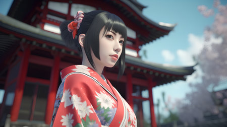 Japanese woman in kimono with red temple in background. 3D rendering.の素材