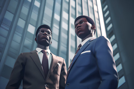 Two African American businessmen in suits standing on the background of the city.の素材