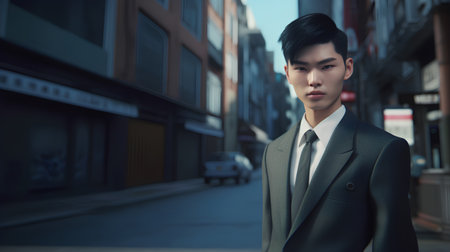 Portrait of a young handsome asian man wearing a suit in the cityの素材