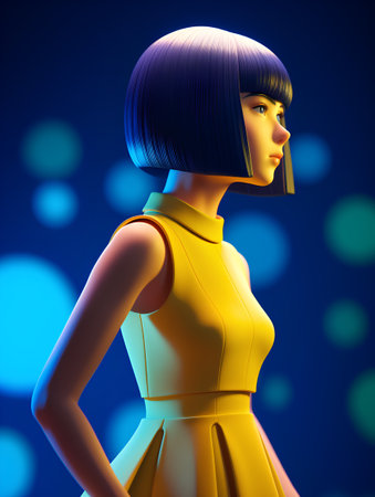 3D Illustration of a beautiful woman with short hair in a yellow dressの素材
