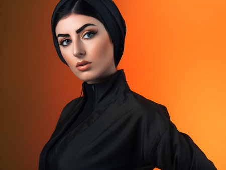 Portrait of a beautiful muslim woman in black hijab on orange backgroundの素材