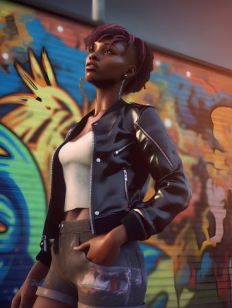 Fashionable african american woman in stylish clothes on graffiti background.の素材