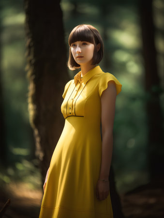 Beautiful young pregnant woman in yellow dress standing in the forest.の素材