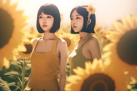 Two beautiful asian women standing in sunflowers field at sunsetの素材