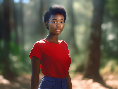 Portrait of a beautiful african american woman in the forestの素材