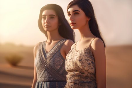 Two beautiful young women in dresses standing in a field at sunset.の素材