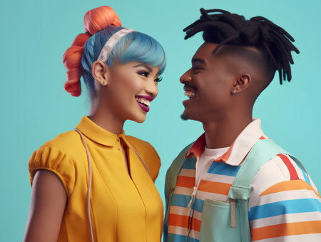 Portrait of a young african american woman and man in fashion clothes on blue backgroundの素材