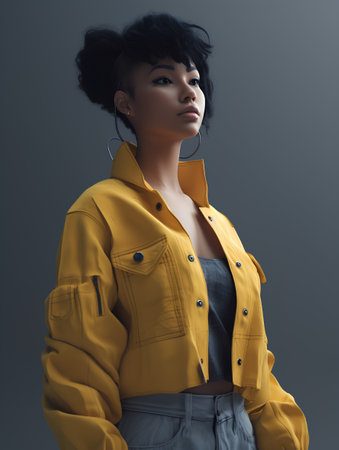 Beautiful african american woman in yellow jacket on dark backgroundの素材