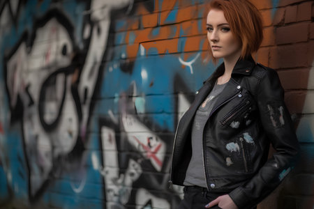 Portrait of a beautiful red-haired girl in a black leather jacket on a background of graffiti.の素材