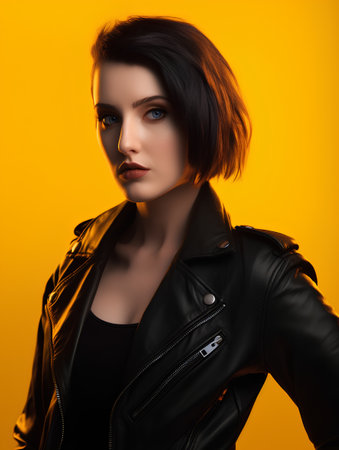 Portrait of a beautiful young woman in black leather jacket on yellow backgroundの素材