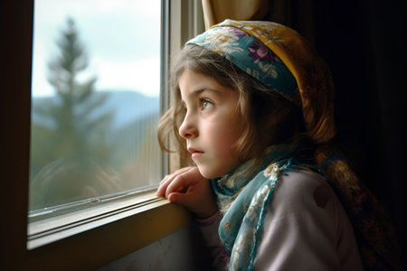 Adorable little girl looking out the window. Portrait of a child in a headscarf.の素材