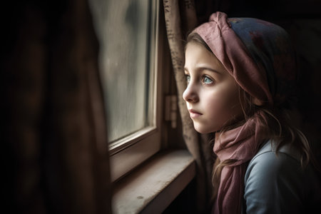 Portrait of a little girl in a headscarf looking out the windowの素材
