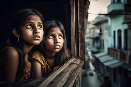 Two little girls looking out the window of a house in India.の素材