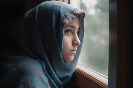Portrait of young muslim woman looking out the window at homeの素材