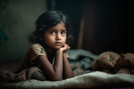Portrait of sad little girl sitting on the bed with teddy bearの素材