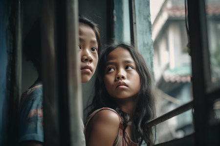 Portrait of two little asian girls looking out the window.の素材