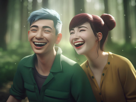Happy asian couple in love having fun in the green forest.の素材