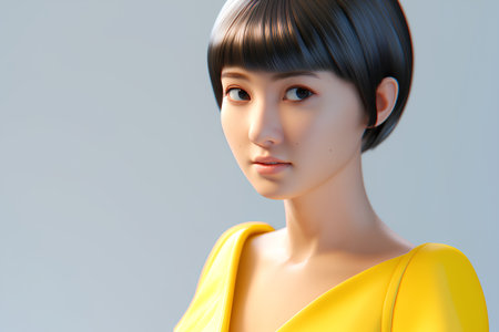 Beautiful young asian woman in yellow dress. 3d renderingの素材