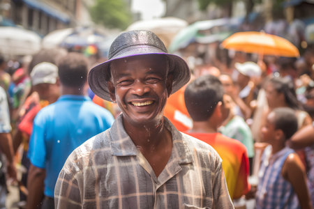 Unidentified man in a hat smiles in the street of Bangkok, Thailand.の素材