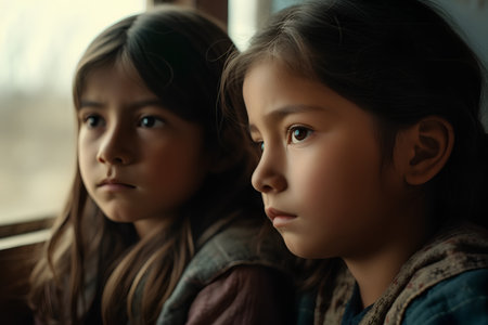 Portrait of two little girls looking at camera on the windowsillの素材
