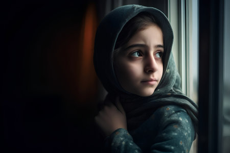 Portrait of a cute little girl looking through the window at homeの素材