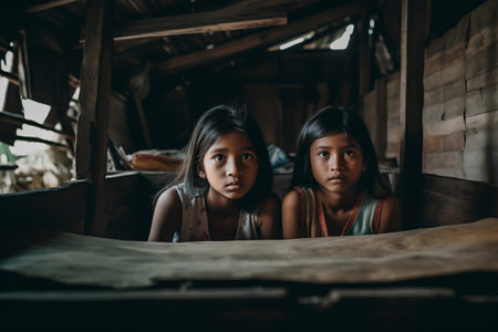 Portrait of two little girls looking at camera in the wooden houseの素材