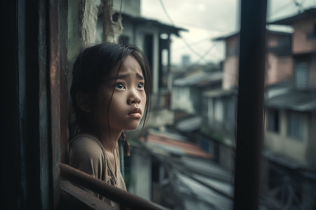 Portrait of asian little girl looking out the window at homeの素材