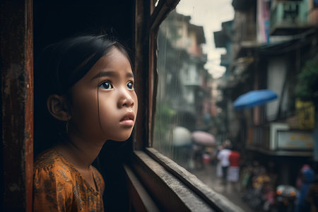 Little Asian girl looking through the window at the street in Bangkok, Thailandの素材