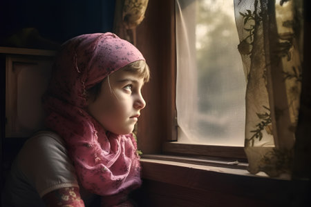 Portrait of a sad little girl sitting on the window and looking out the windowの素材