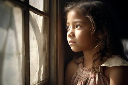 Sad little girl looking out the window in a dark room. Selective focus.の素材