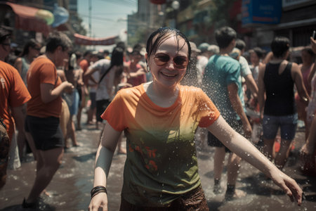 Young woman having fun during Holi festival in Kharkiv, Ukraineの素材