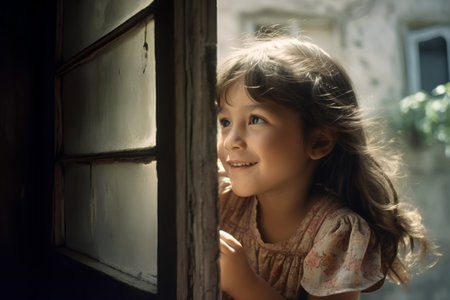 Portrait of a beautiful little girl looking out the window and smilingの素材
