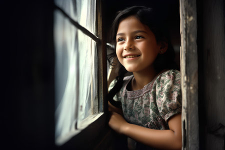 portrait of asian child girl smiling and looking out of windowの素材