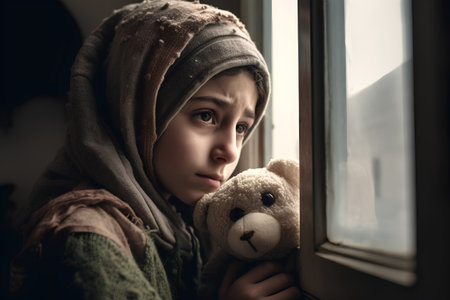 Sad little girl with teddy bear on the windowsill at homeの素材