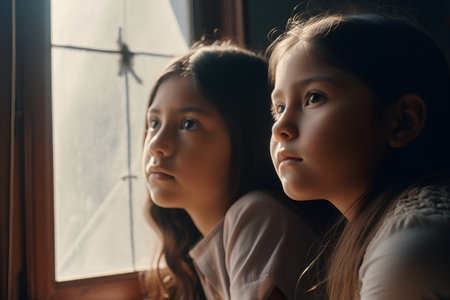 Portrait of two little girls standing near the window and looking at the cameraの素材